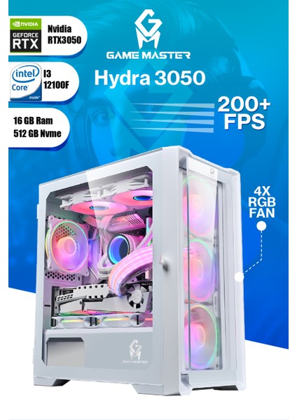 Game Master Hydra 3050 Intel I3-12100F Cpu 16GB Ddr4 Ram 512GB M.2 SSD RTX3050 Beyaz Gaming Pc