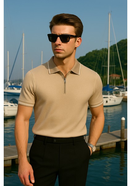 Bej Renk Fermuar Detaylı Polo Yaka Erkek Triko Tişört
