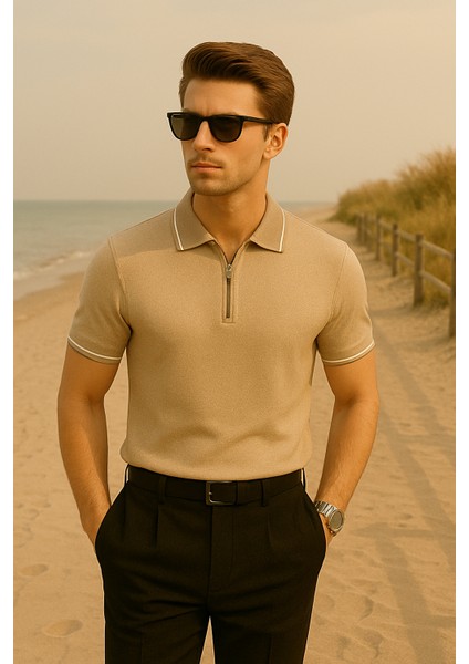 Bej Renk Fermuar Detaylı Polo Yaka Erkek Triko Tişört fiyatları