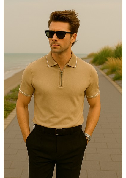 Bej Renk Fermuar Detaylı Polo Yaka Erkek Triko Tişört modelleri