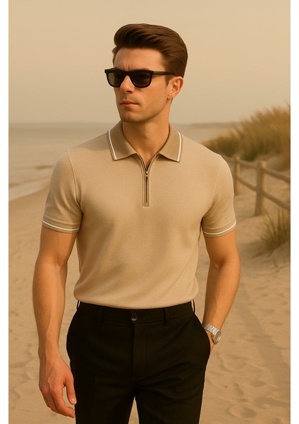 Bej Renk Fermuar Detaylı Polo Yaka Erkek Triko Tişört fırsatları