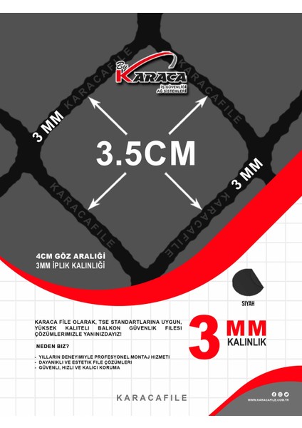 Kedi Balkon Güvenlik Filesi – 1.5 M Yükseklik | Metreyle Kesim | 3 mm Ip, 3.5x3.5 cm Göz Aralığı + Montaj Aparatları (Siyah) modelleri