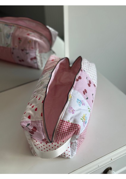 Pamuklu Pembe Patchwork Saç Şekillendirici Çantası | Kozmetik & Seyahat Organizer | 35X14X12 cm modelleri