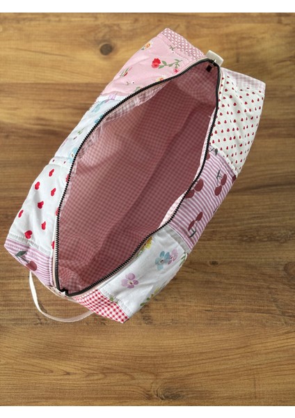 Pamuklu Pembe Patchwork Saç Şekillendirici Çantası | Kozmetik & Seyahat Organizer | 35X14X12 cm