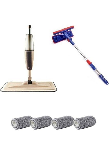 Sprey Mop 4 Yedekli ve Teleskopik Mikrofiber Cam Sılme Aparatı