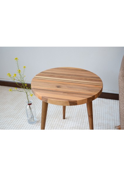 Masif Ceviz Ahşap Yuvarlak Yan Sehpa -50CM