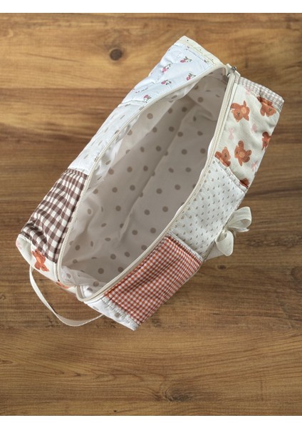 Pamuklu Bej Patchwork Saç Şekillendirici Çantası | Kozmetik & Seyahat Organizer | 35X14X12 cm