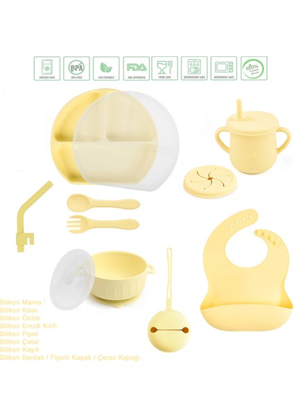 Kapaklı Vakumlu Silikon Beslenme Seti / Sarı Renk