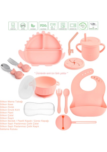 Silikon Beslenme Seti / Vakumlu, Silikon Mama Tabağı, Kase, Önlük, Çatal-Kaşık, Bardak, Pipet, E.Kılıfı, Paslanmaz Çelik Çatal, Kaşık ve Saklama Kutusu / Pembe