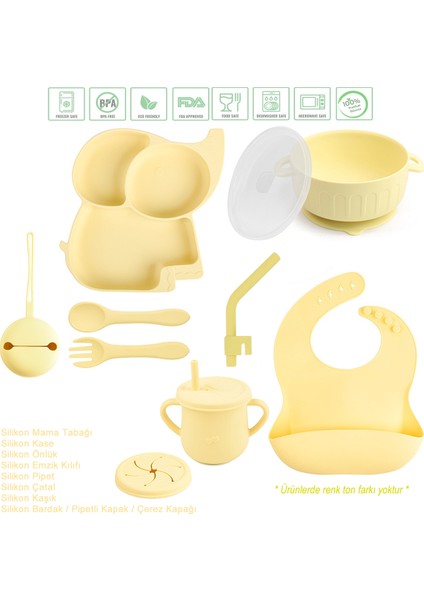 Fil Figürlü Vakumlu Silikon Beslenme Seti / Sarı