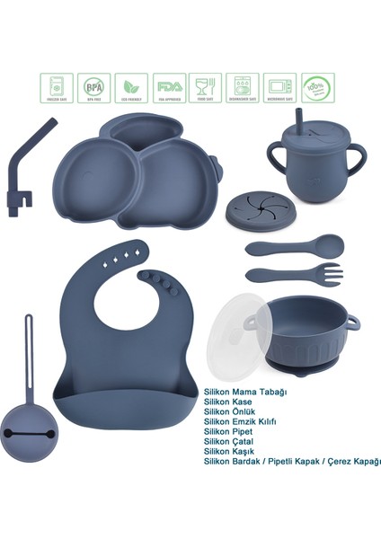 Tavşan Figürlü Vakumlu Silikon Beslenme Seti / Lacivert