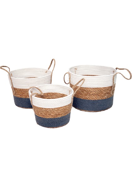 Dekoratif Yuvarlak Kulplu Hasır Koton Üç Renk Tasarımlı 3'lü Sepet / Saksı Takımı
