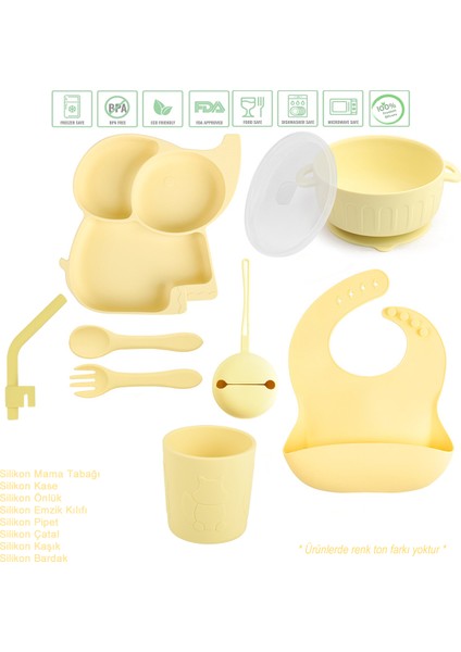 Fil Figürlü Vakumlu Silikon Beslenme Seti / Sarı