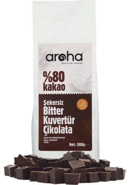 %80 Kakao Şekersiz Bitter Kuvertür Çikolata - Stevia ile Tatlandırılmıştır - 500 g