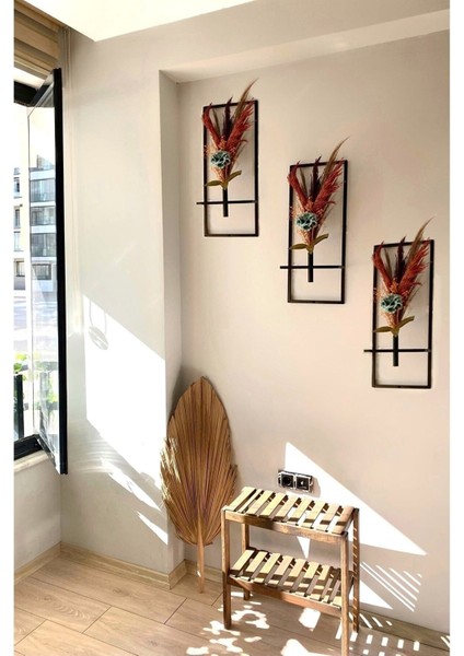 3 Lü Metal Çiçeklik Duvar Aksesuarı Dekoratif Salon Balkon Saksı ( Yapay Çiçek , Pampas Dahil )