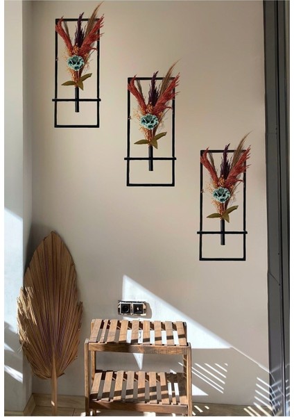 3 Lü Metal Çiçeklik Duvar Aksesuarı Dekoratif Salon Balkon Saksı ( Yapay Çiçek , Pampas Dahil ) modelleri