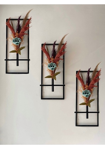 3 Lü Metal Çiçeklik Duvar Aksesuarı Dekoratif Salon Balkon Saksı ( Yapay Çiçek , Pampas Dahil ) indirimleri
