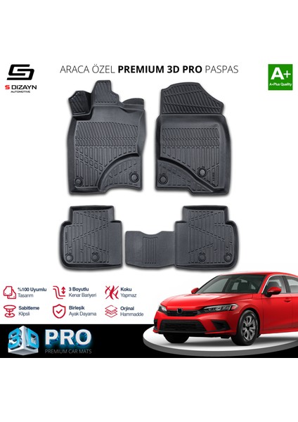 Honda Civic 3D Pro Havuzlu Paspas 2021 Üzeri A+ Kalite