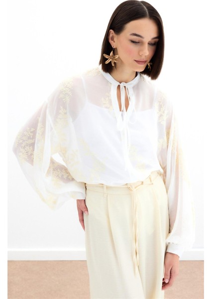 Nakışlı Şifon Gömlek - Krem