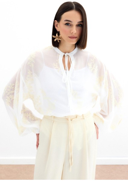 Nakışlı Şifon Gömlek - Krem modelleri