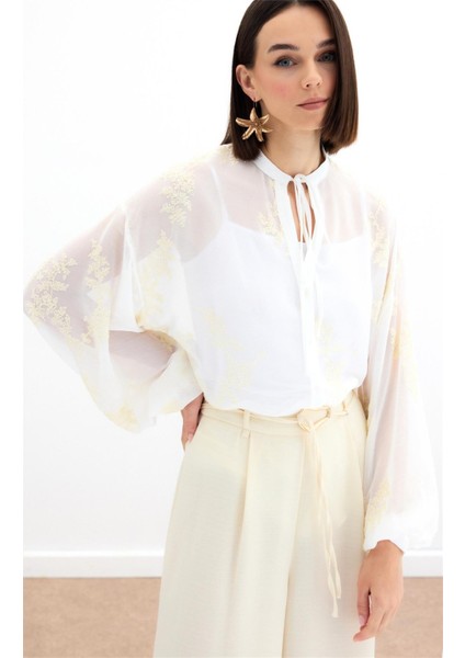 Nakışlı Şifon Gömlek - Krem indirimleri