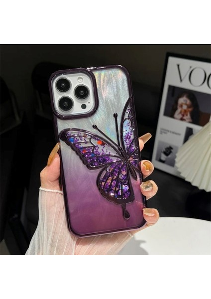 iPhone 14 Pro Max Uyumlu 3D Kelebekli Hareketli Sulu Simli Kamera Koruma Çıkıntılı Lüks Kılıf