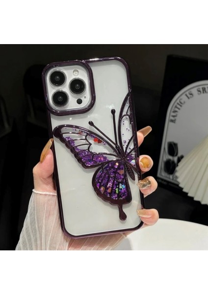 iPhone 14 Pro Max Uyumlu 3D Kelebekli Hareketli Sulu Simli Kamera Koruma Çıkıntılı Lüks Kılıf