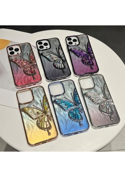 iPhone 14 Pro Max Uyumlu 3D Kelebekli Hareketli Sulu Simli Kamera Koruma Çıkıntılı Lüks Kılıf
