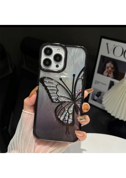 iPhone 14 Pro Max Uyumlu 3D Kelebekli Hareketli Sulu Simli Kamera Koruma Çıkıntılı Lüks Kılıf