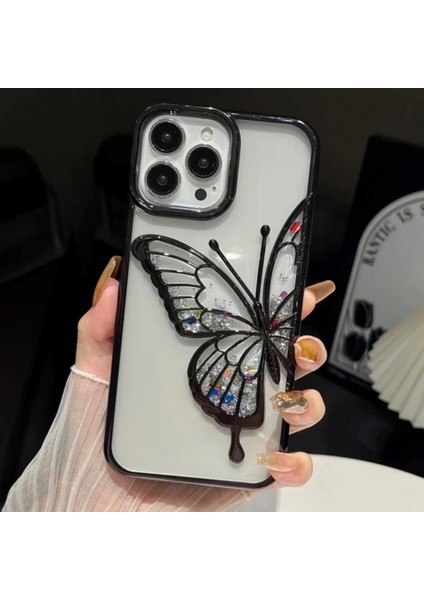 iPhone 14 Pro Max Uyumlu 3D Kelebekli Hareketli Sulu Simli Kamera Koruma Çıkıntılı Lüks Kılıf