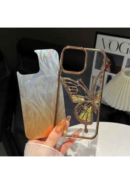 iPhone 14 Pro Max Uyumlu 3D Kelebekli Hareketli Sulu Simli Kamera Koruma Çıkıntılı Lüks Kılıf