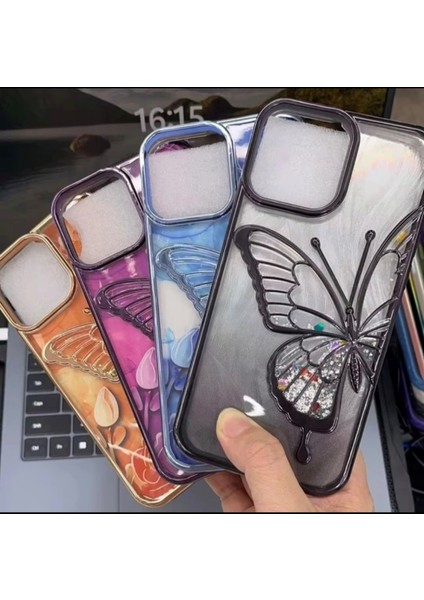 iPhone 14 Pro Max Uyumlu 3D Kelebekli Hareketli Sulu Simli Kamera Koruma Çıkıntılı Lüks Kılıf