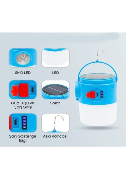 Şarjlı Güneş Enerjili LED Işıklı Aydınlatma 100 Watt 4 Modlu Kamp Çadır Lambası El Feneri Işıldak