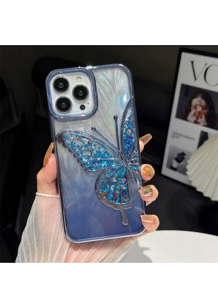 iPhone 14 Pro Max Uyumlu 3D Kelebekli Hareketli Sulu Simli Kamera Koruma Çıkıntılı Lüks Kılıf