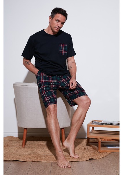 Kareli Regular Fit Pamuklu Bisiklet Yaka Kısa Kollu Şortlu Pijama Takımı Erkek Pijama Takımı 6572020
