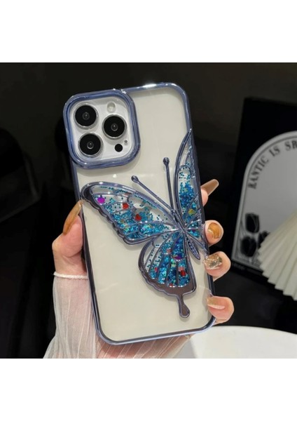 iPhone 14 Pro Max Uyumlu 3D Kelebekli Hareketli Sulu Simli Kamera Koruma Çıkıntılı Lüks Kılıf