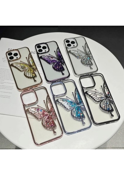 iPhone 14 Pro Max Uyumlu 3D Kelebekli Hareketli Sulu Simli Kamera Koruma Çıkıntılı Lüks Kılıf