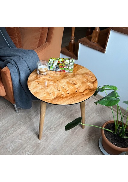 Doğal Kök Kaplama Yuvarlak Sehpa 50CM - Parlak Cilalı Yan Sehpa modelleri