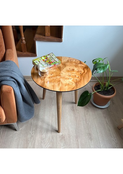 Doğal Kök Kaplama Yuvarlak Sehpa 50CM - Parlak Cilalı Yan Sehpa