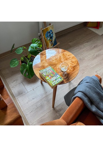 Doğal Kök Kaplama Yuvarlak Sehpa 50CM - Parlak Cilalı Yan Sehpa
