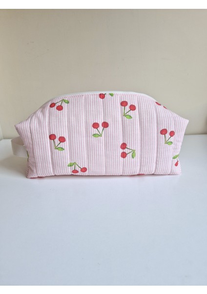 Pembe Çizgili Kiraz Desenli Dyson Airwrap Uyumlu Saç Şekillendirici Çantası | Makyaj ve Kozmetik Organizer | Fermuarlı, Pamuklu Astarlı, 35X14X12 cm fiyatları