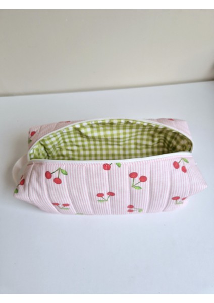 Pembe Çizgili Kiraz Desenli Dyson Airwrap Uyumlu Saç Şekillendirici Çantası | Makyaj ve Kozmetik Organizer | Fermuarlı, Pamuklu Astarlı, 35X14X12 cm modelleri