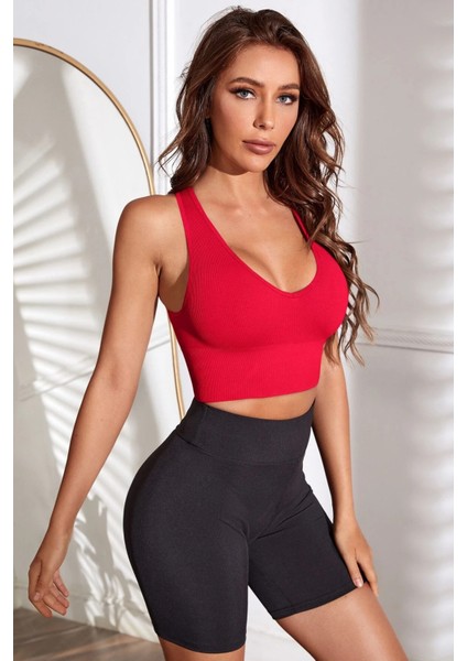 Kadın Kırmızı Derin Göğüs Dekolteli Şık Crop Top Bluz modelleri