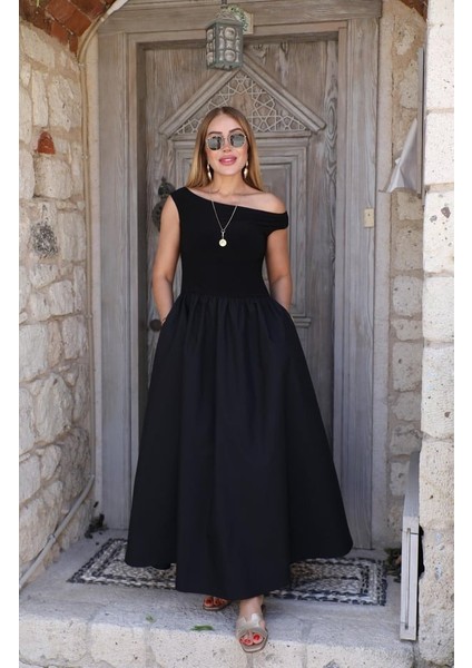 Buketli Kadın Kalın Askılı Bir Omzu Çapraz Üstü Örme Altı Poplin Maxi Boy Elbise