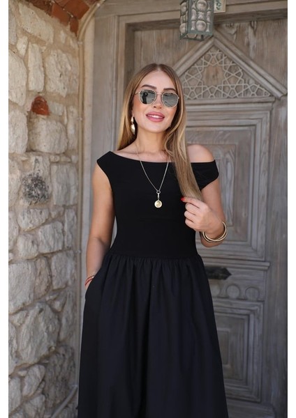 Buketli Kadın Kalın Askılı Bir Omzu Çapraz Üstü Örme Altı Poplin Maxi Boy Elbise