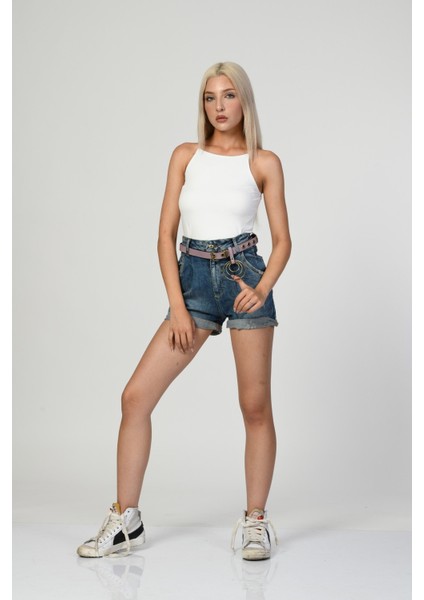 Kemerli Yüksek Bel Şort - Denim Denim - 29 fiyatları