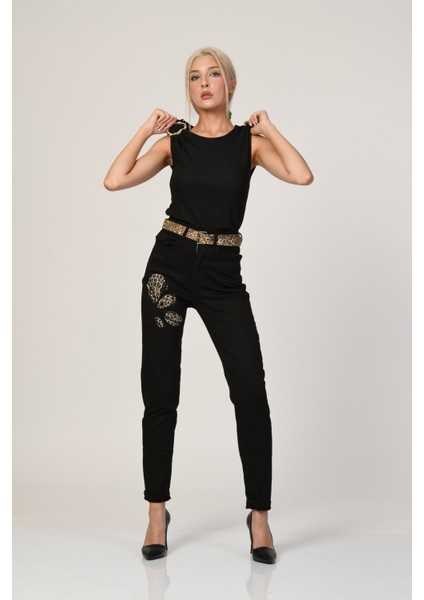 Yüksek Bel Taş ve Leopar Desen Detaylı Mom Jean Siyah - 27