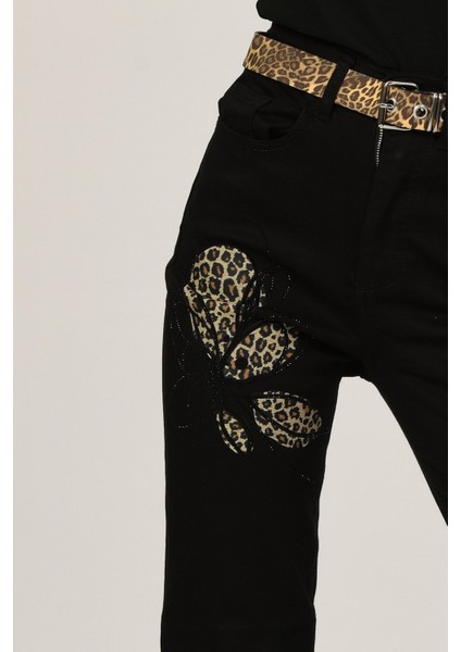 Yüksek Bel Taş ve Leopar Desen Detaylı Mom Jean Siyah - 27