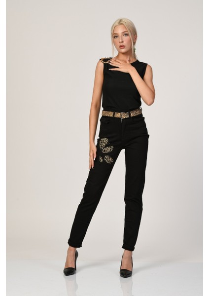 Yüksek Bel Taş ve Leopar Desen Detaylı Mom Jean Siyah - 27