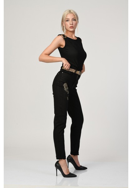 Yüksek Bel Taş ve Leopar Desen Detaylı Mom Jean Siyah - 27